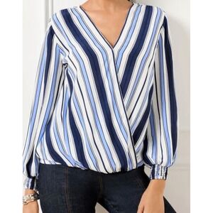 Talbots Womens Blue Happy Stripe Wrap V-Neck Viscose Blouse Smocked‎ Cuff Large